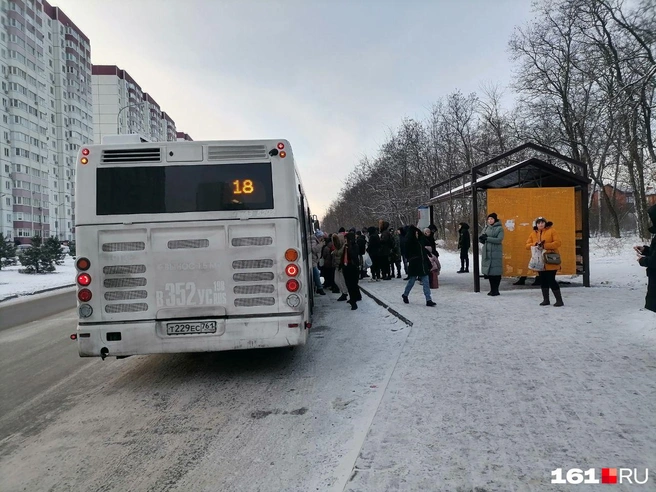 А это жители Суворовского пытаются влезть в автобус. Фото сделано в начале 2024 года, но эта картина там очень часто | Источник: Сабина Бондарь / 161.RU