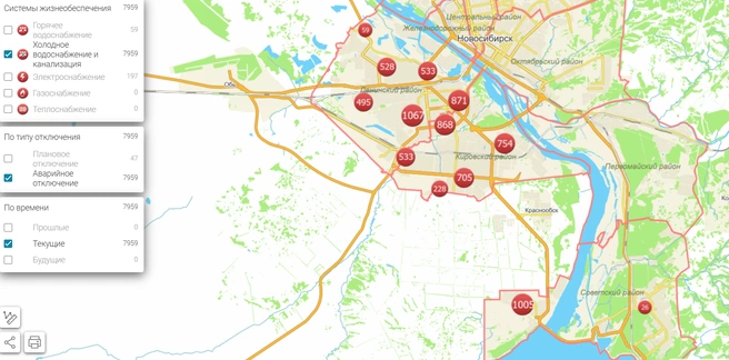 Так выглядела карта отключений | Источник: map.novo-sibirsk.ru
