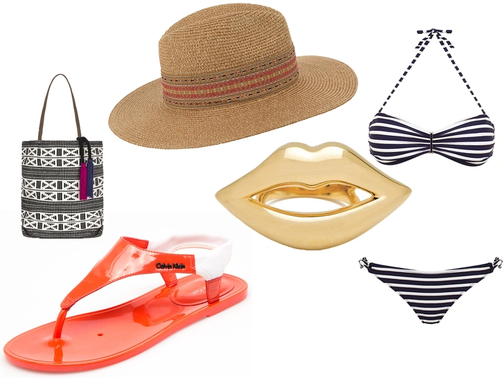 1. Шляпа, Accessorize, 1990 руб.2. Брошь, CC Skye, 6555 руб.3. Купальник, Accessorize, 1800 руб.4. Сумка, Accessorize, 2600 руб.5. Сандалии, Calvin Klein, rendez-vous.ru, 6490 руб.