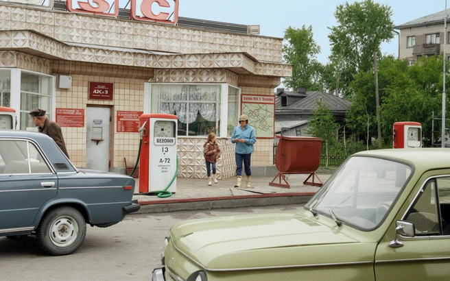 Начало 90-х. АЗС № 3 на Стреле. Сейчас тут пустырь (Чаплина, 2/1) | Источник: по фото Дмитрий Зеленина (изображение, раскрашенное ИИ)