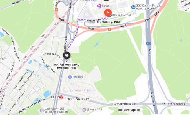 Раньше по кратчайшему пути нужно было переходить с Варшавки на МСД, теперь еще и по самому шоссе | Источник: Яндекс.Карты