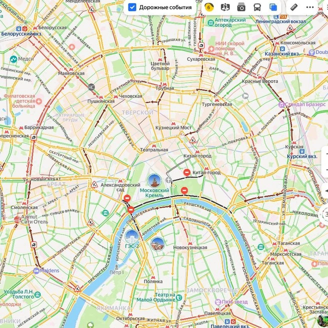 Пробки в Москве&nbsp;— шесть баллов | Источник: Яндекс Карты