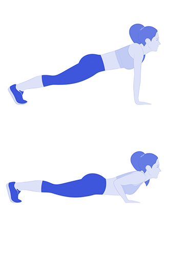 Глубокие отжимания от полаУсиление на грудные мышцы и корпус. Исходное положение: высокая планка, кисти строго под плечами, ноги сведены вместе. Опустите тело к полу, сохраняя его прямым. Как только грудь коснется пола, вытолкните себя руками обратно. Тяжело? Тогда пробуем следующее упражнение.