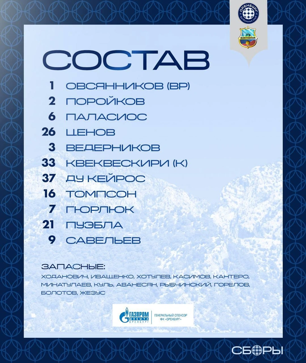 Состав на матч | Источник: ФК «Оренбург» / t.me