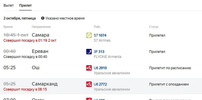 Фрагмент онлайн-табло Домодедово | Источник: «Яндекс. Расписания»