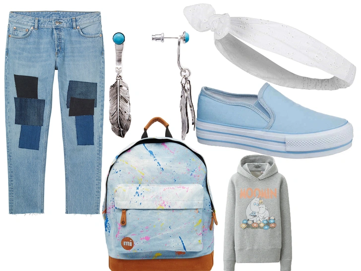 1. Повязка на голову, Topshop, 499 руб.2. Серьги, Asos, 486 руб.3. Худи, Uniqlo, 1999 руб.4. Рюкзак, Mi-Pac, 2800 руб.5. Джинсы, Monki, 3999 руб.6. Слипоны, KEDDO, keddo.ru, 2699 руб.   