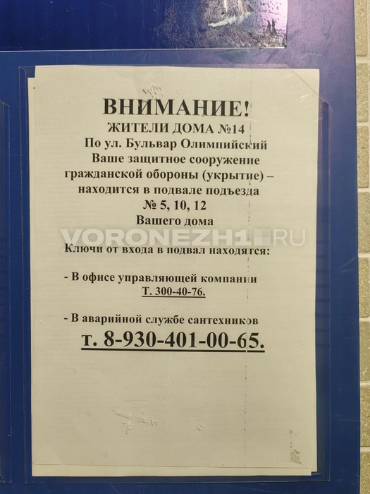 Объявление с телефонами, по которым следует звонить, чтобы попасть в укрытие | Источник: Андрей Пашинский / Voronezh1.ru