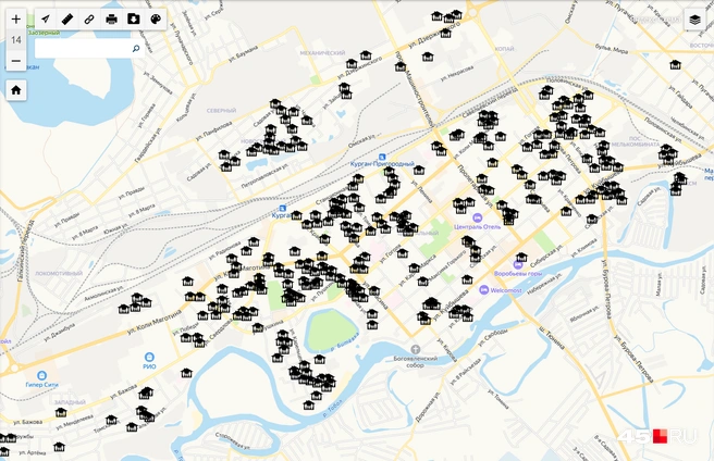Скриншот карты укрытий в Кургане | Источник: gis.kurgan-city.ru/public_map/gis/refuge/ 