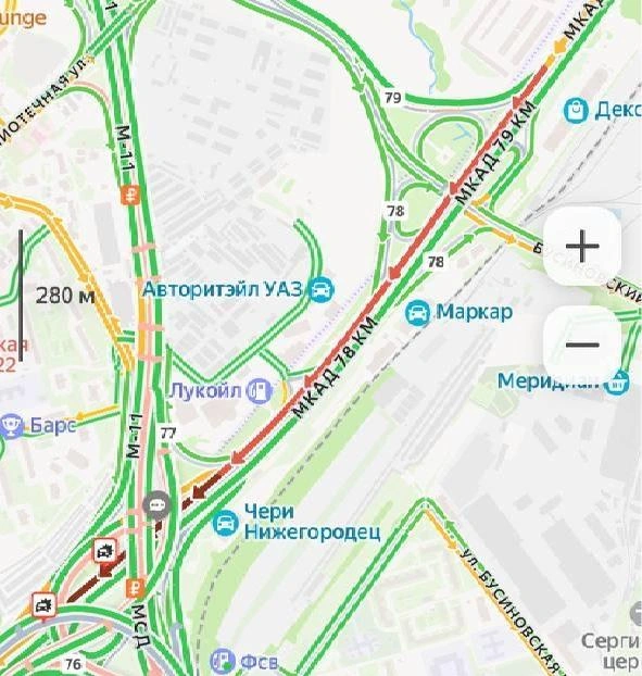 Из-за аварии на 77-м километре МКАД образовалась пробка | Источник: Яндекс Карты