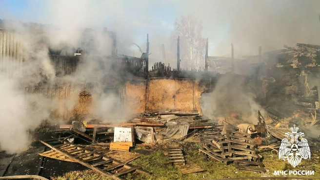 На снимке видны клубы дыма, разбросанные деревянные лестницы, поддоны и доски, а также догорающие бревна | Источник: пресс-служба МЧС Кузбасса