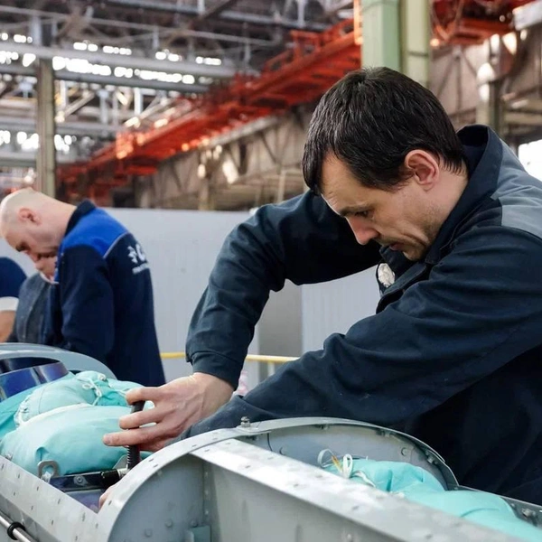Работа над пилоном самолета МС-21 на Воронежском авиационном заводе. 2022 год | Источник: ПАО «ОАК»