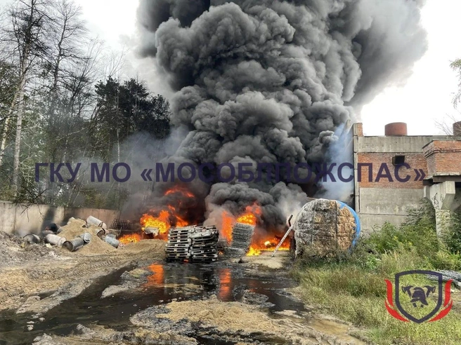 Пожар произошел на территории асфальтного завода | Источник: ГКУ МО «Мособлпожспас» / T.me