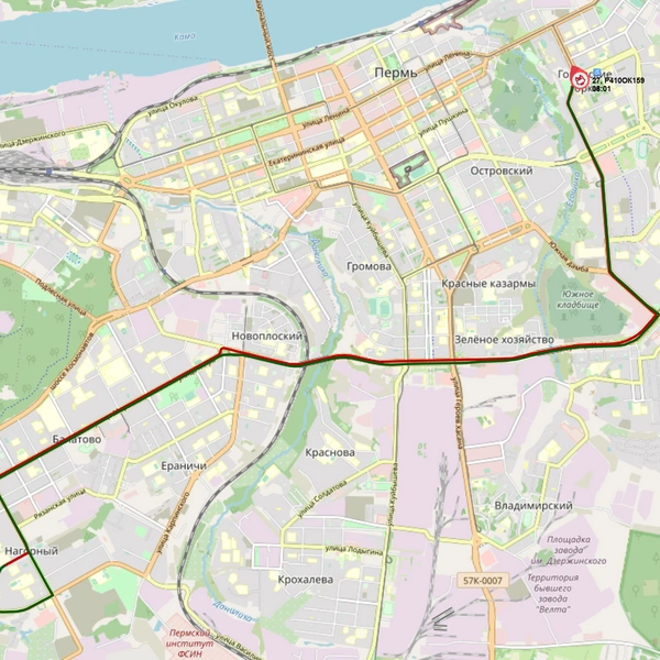 На маршруте № 27 до 9:00 ездил только один автобус-гармошка | Источник: map.gortransperm.ru