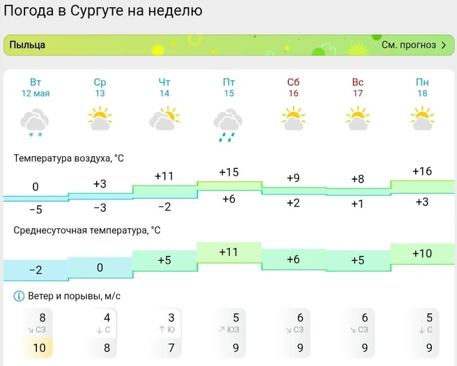 Прогноз погоды в Сургуте  | Источник: Gismeteo 