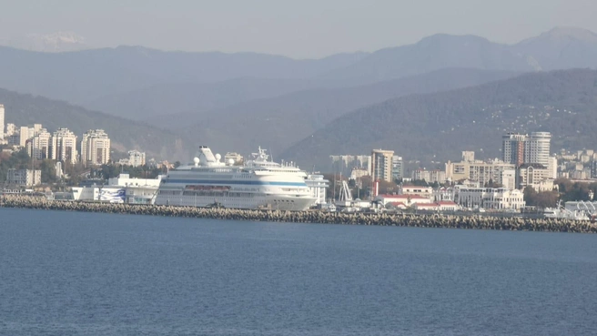 Пассажиры видят берег и лайнер под турецким флагом, которому разрешили зайти в порт  | Источник: Илья Долгирев для SOCHI1.RU