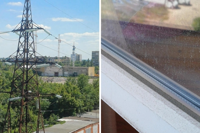 Слева — та самая площадка, где ведутся работы. Справа — пыль, оседающая на окнах близлежащих домов | Источник: читательница Voronezh1.ru