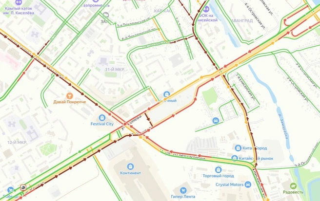 На Левобережье стоят все ключевые магистрали | Источник: ngs55.ru/maps-traffic