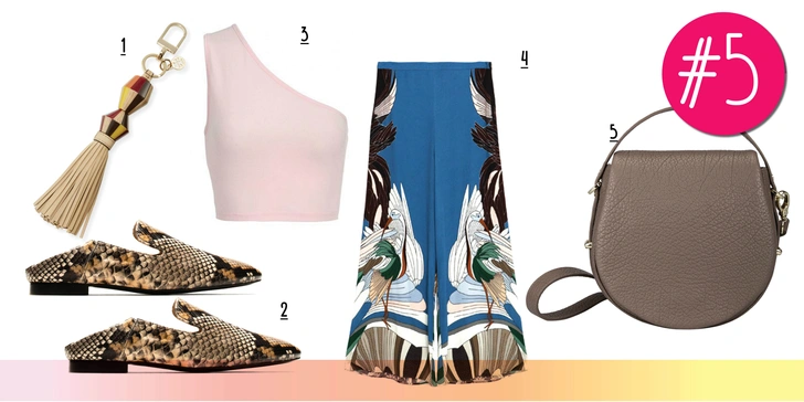 1. Брелок, Tory Burch. 2. Бабуши, Massimo Dutti. 3. Топ, Choies. 4. Кюлоты, Zara. 5. Сумка, Askent.