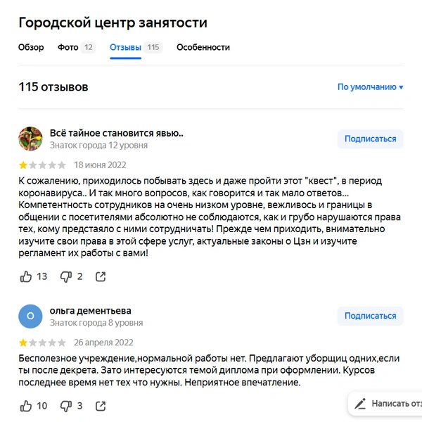 У закрывшегося в 2023 году Городского центра занятости было очень много плохих отзывов | Источник: yandex.ru/maps