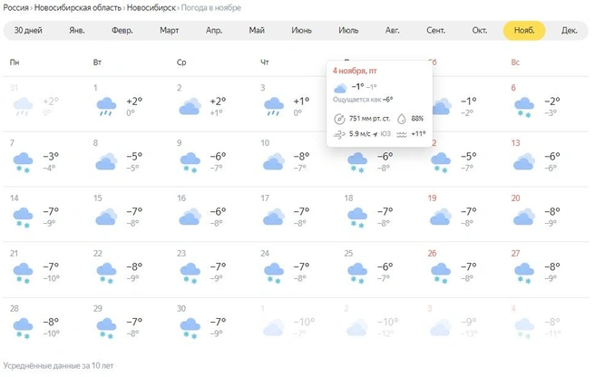 По данным «Яндекс.Погоды», о солнце в ноябре новосибирцы смогут только мечтать — зато снегом завалит весь город | Источник: Яндекс.Погода