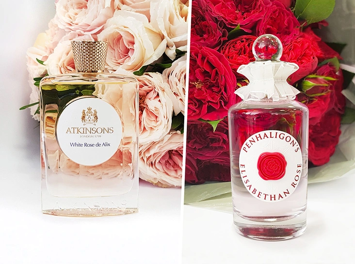 Слева: Atkinsons White Rose de Alix (пресерия). Справа: Penhaligon's Elisabethan Rose