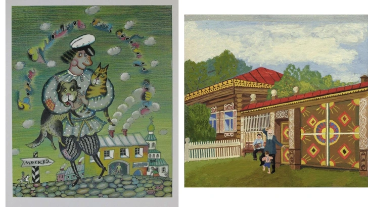 Нина Любавина. «Богат Ермошка, есть собака и кошка». Работа представлена на выставке «Пословица в картинках» в подразделении «Народные картины». Иван Сарычев «Праздник. Дом под красной крышей». Картина представлена на выставке «Народные торжества». | Источник: vk.com/lubok_naiv