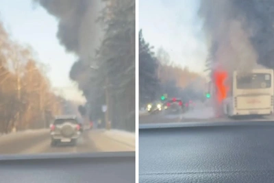 Bus Fire on Kirenskogo Street, Smoke Over Forest