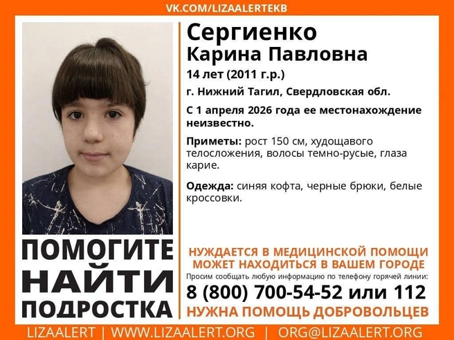 Ориентировка на пропавшую 14-летнюю Карину Сергиенко. | Источник: поисковый отряд «ЛизаАлерт» Свердловской области