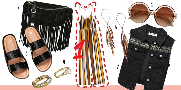 1. Комбинезон, Asos. 2. Сумка, Asos. 3. Сандалии, H&M. 4. Кольца, Accessorize. 5. Очки, H&M. 6. Серьги, H&M. 7. Жилет, H&M.
