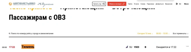 Тюменский рейс в столице ожидают только в 17:22 по московскому времени | Источник: аэропорт Шереметьево
