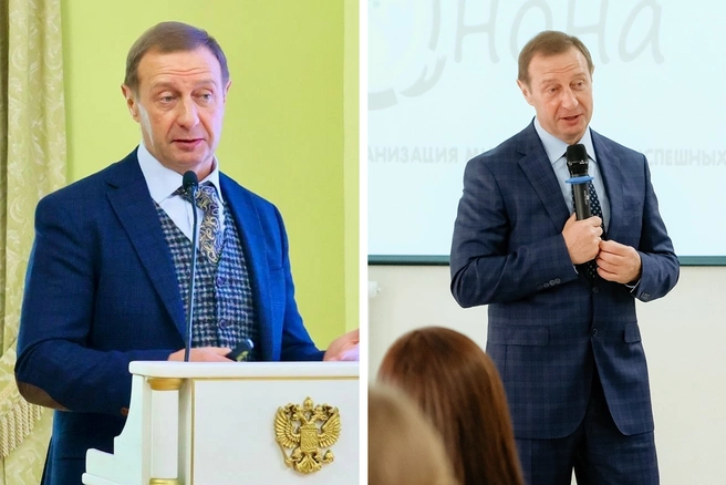 Возможно, депутат облдумы хотел, чтобы его галстук сочетался с гербом на кафедре, но это не точно | Источник: Алексей Салмин / Vk.com