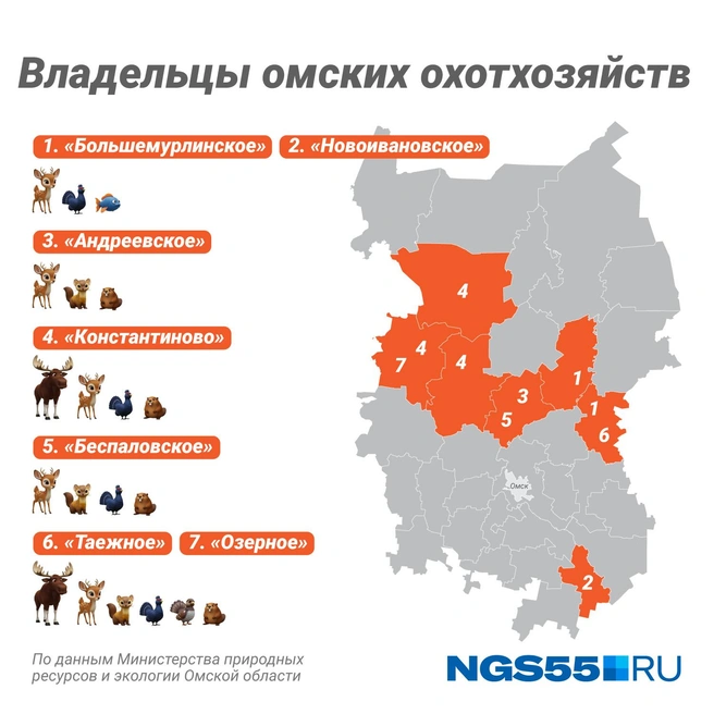 На карте представлены районы Омской области, в которых расположились частные охотугодья | Источник: Евгения Бикунова / Городские порталы