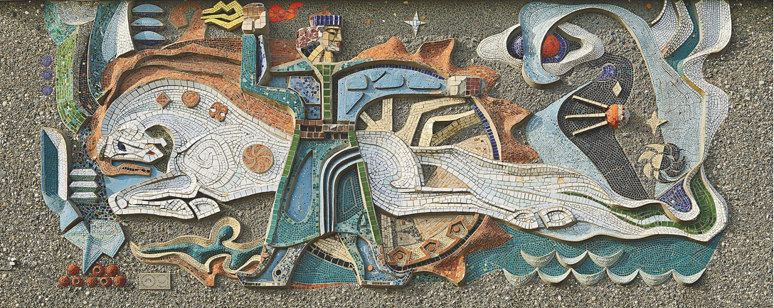 Рельефно-мозаичное панно «Джангар», 1973. Вокзал города Элиста, Привокзальная площадь, 1. Архитектор: Мингиян Пюрвеев. Художники: Петр Итяксов, Григорий Чернокнижный. Исполнители: В. Чернов, В. Павлов. | Источник: Евгений Денисюк