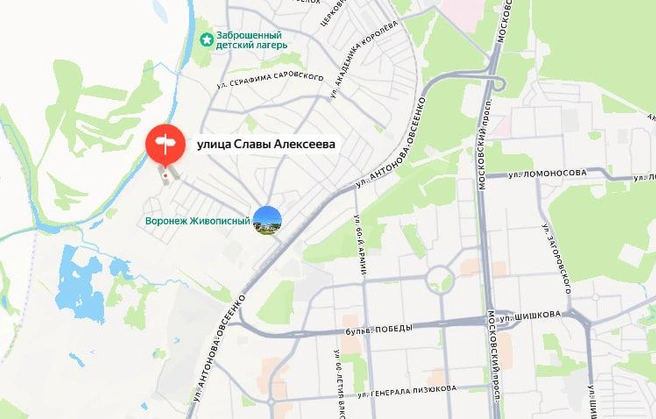 Улица Славы Алексеева на карте Воронежа | Источник: Яндекс Карты / yandex.ru/maps