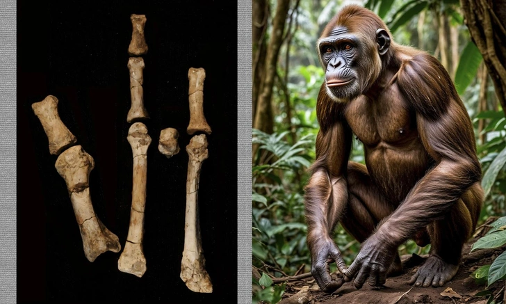 Изображение примата сгенерировано с помощью ИИ и не является научной иллюстрацией австралопитека дейремеда | Источник: phys.org; AI; коллаж Vokrugsveta.ru