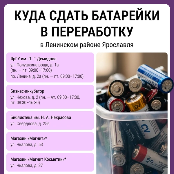 Адреса, куда можно сдать батарейки в Ленинском районе | Источник: Мария Романова / Городские медиа