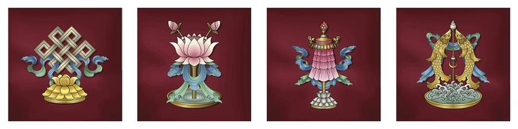 1. Бесконечный узел; 2. Лотос; 3. Знамя победы; 4. Золотые рыбки | Источник: iStock