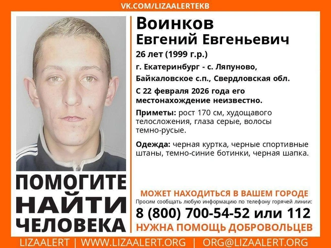 Ориентировка на пропавшего 26-летнего Евгения Воинкова. | Источник: «ЛизаАлерт»