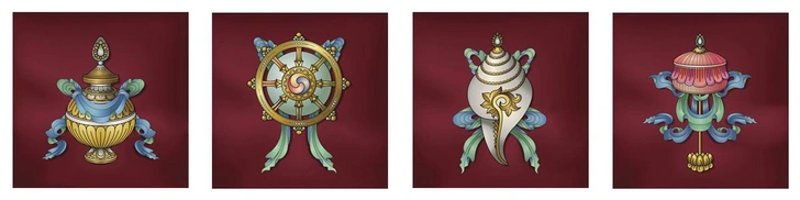 5. Сосуд сокровищ; 6. Колесо дхармы; 7. Раковина; 8. Зонт | Источник: iStock