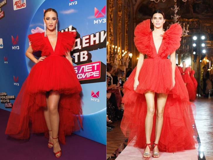 Красная битва! Кому платье в рюшах, оголяющее ноги, идет больше — Ольге Бузовой или Кендалл Дженнер?