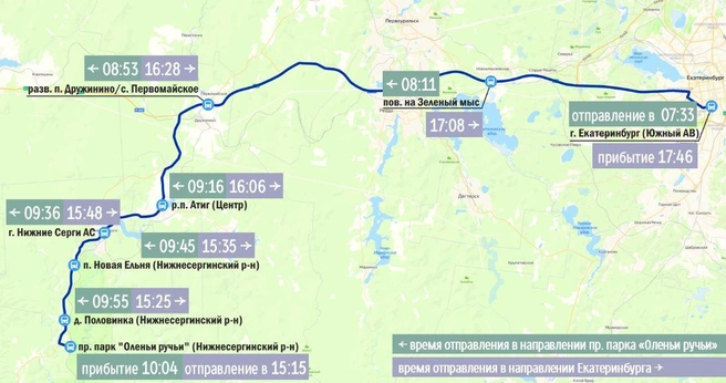 Общий вид маршрута № 1100 и время его отправления с остановок | Источник: Управление автомобильных дорог Свердловской области