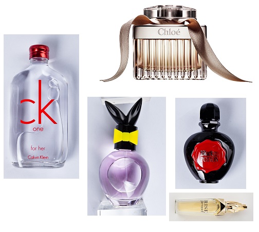 Слева направо: CK One red edition, Chloe for her, Playboy Play it pin up, Paco Rabanne Black XS potion, Beyonce Rise