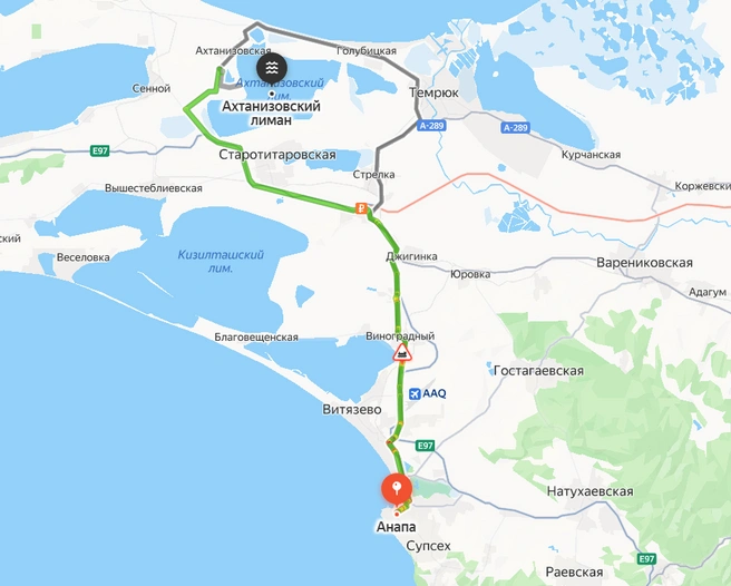 Маршрут к озеру лотосов в районе Анапы | Источник: «Яндекс.Карты»