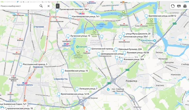 Почти все точки на юге Москвы уместились на скриншоте, подробнее можно найти на карте | Источник: Яндекс.Карты