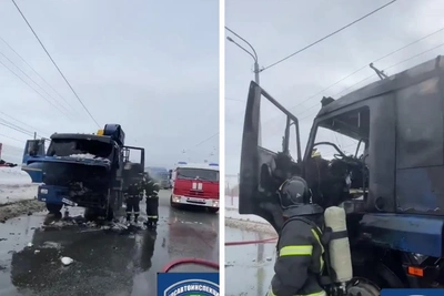 Автокран загорелся на Кировской дамбе