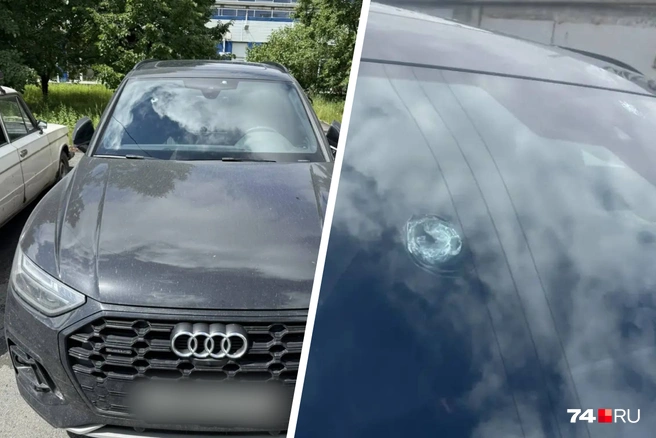 На лобовом стекле Audi Q5 видны два пулевых отверстия | Источник: читатель 74.RU