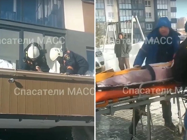 Место падения — козырёк подъезда жилого дома. | Источник: «МКУ Служба аварийно-спасательных работ» / «ВКонтакте»