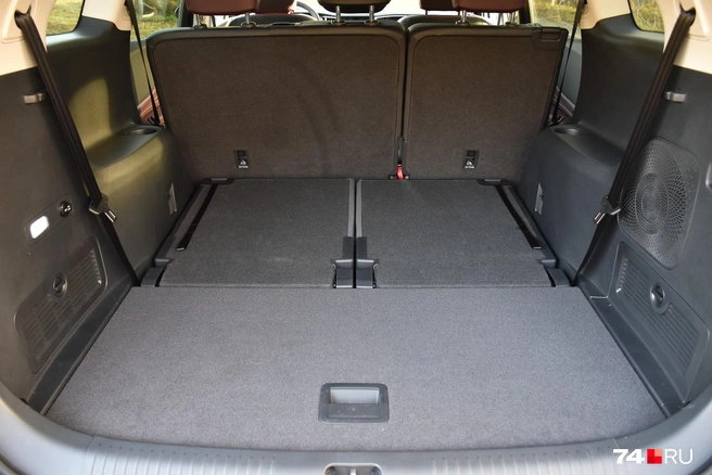 Со сложенным третьим рядом отсек шикарен: ровный пол, большой объем. Не хватает шторки (проблема трехрядных машин) и элементов крепления багажа | Источник: Артем Краснов