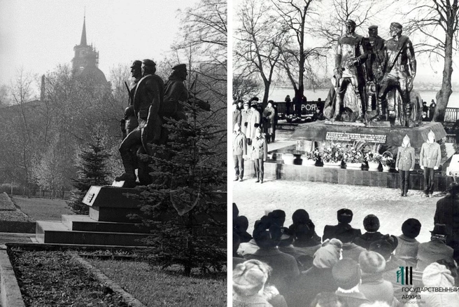 Памятник Героям Гражданской войны с разных ракурсов. Кадр справа был сделан во время открытия монумента в ноябре 1986 года | Источник: Евгений Загуляев, Госархив Пермского края