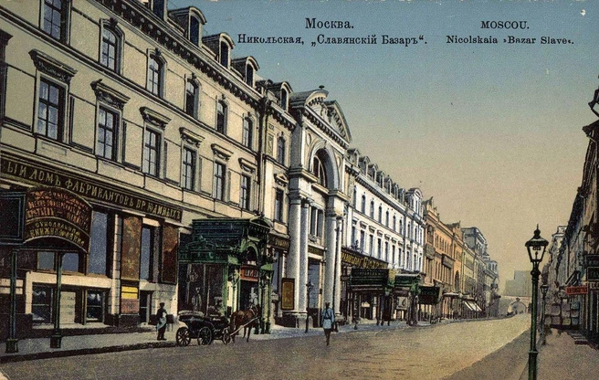 Вид на фасад ресторана с Никольской улицы | Источник: Иллюстрация неизвестного автора / изд. И. Е. Селина